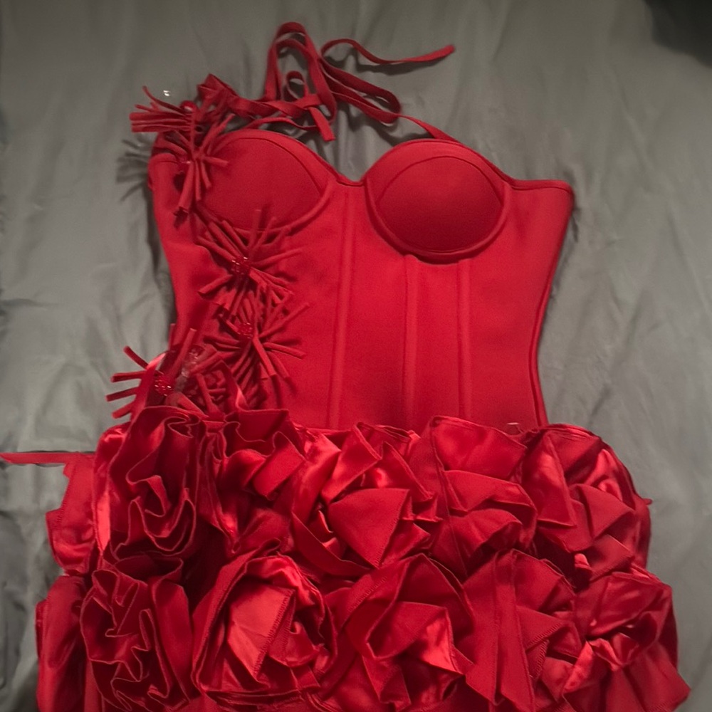 Red Ruffled Strapless Bustier Two piece set